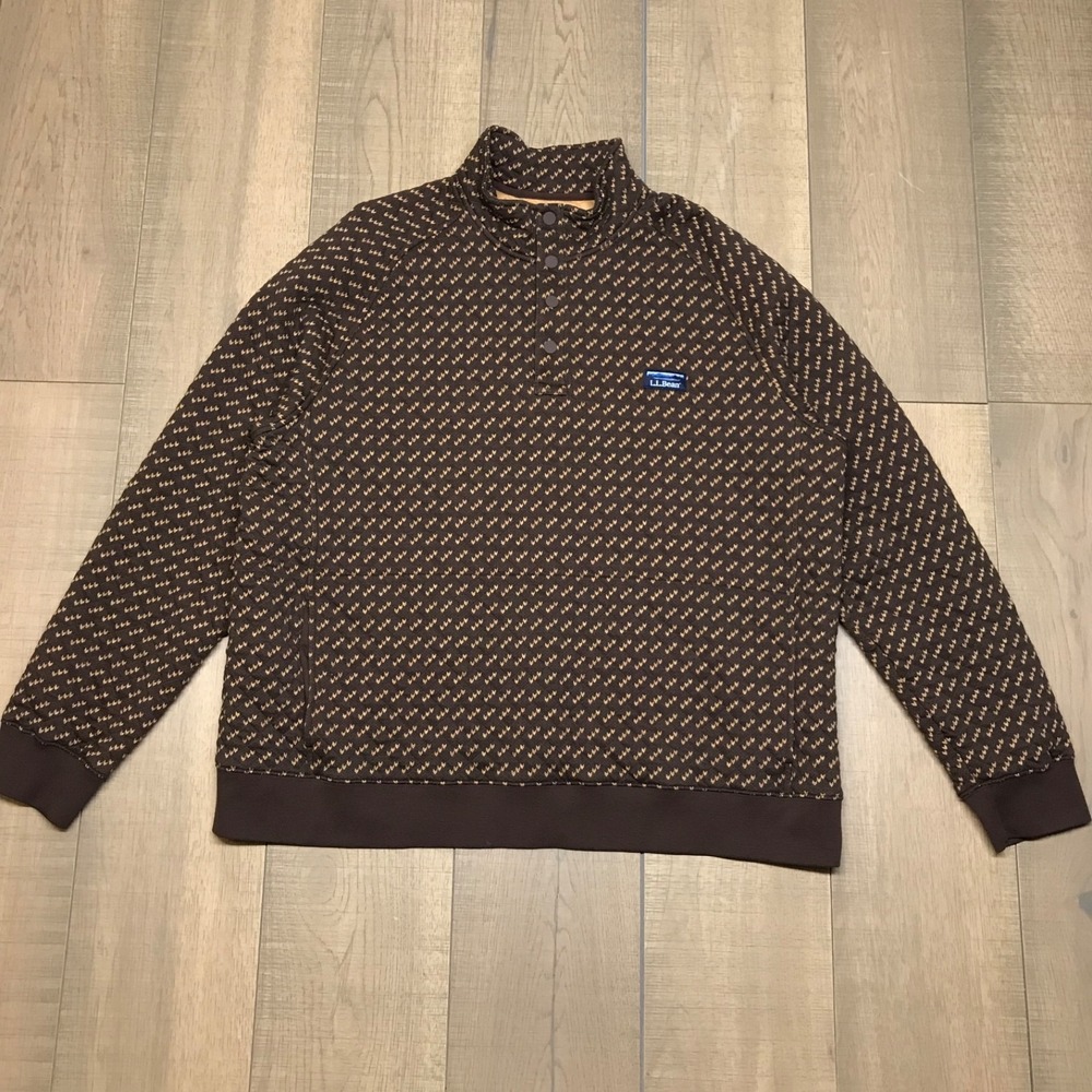 L.L.‎ Bean Beans Quilted Sweatshirt Mens Size 2XL Brown Birdseye Mockneck Snap